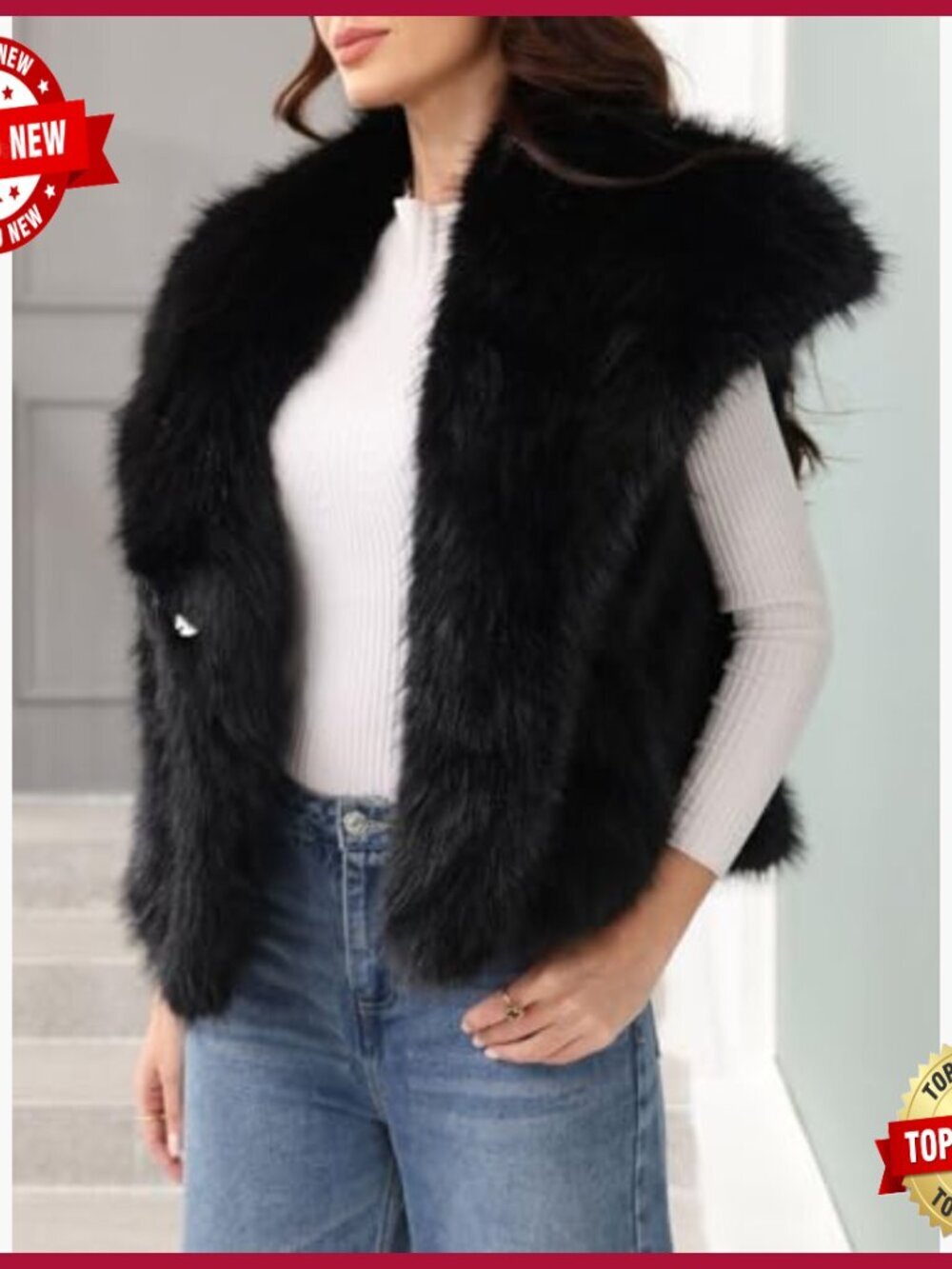 Faux Fur Vest Sleeveless Fuzzy Jacket Shaggy Winter Coat with Pockets - Picture 2 of 6